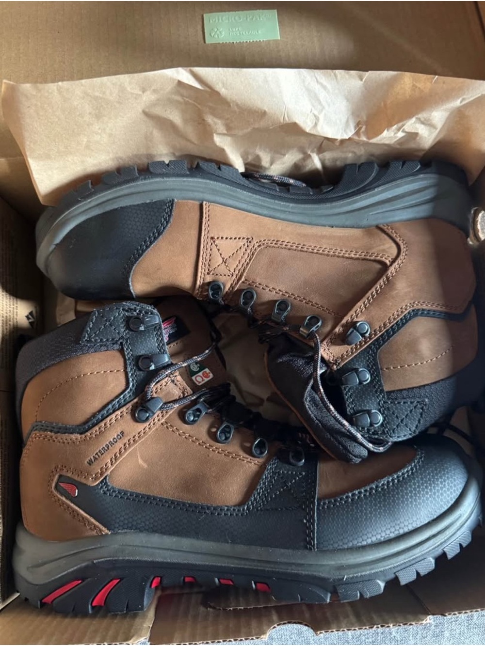 Red Wing Shoes Brown and Black Waterproof Work Boots with Red Accent